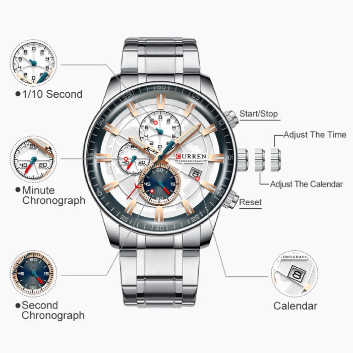 Curren Montre de luxe en acier - Mouvement analogique à quartz en acier inoxydable pour homme - Bleu