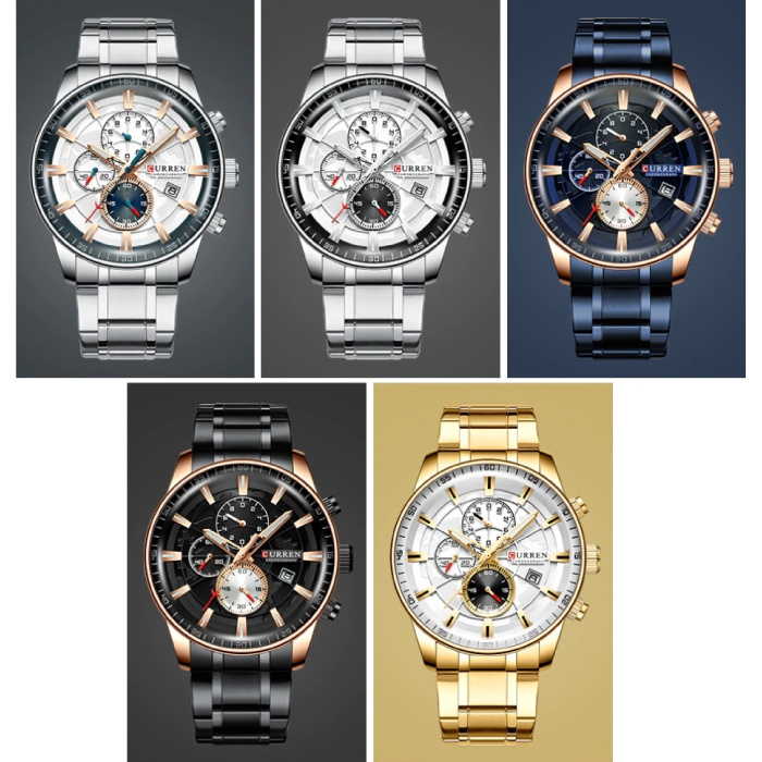 Curren Montre de luxe en acier - Mouvement analogique à quartz en acier inoxydable pour homme - Bleu