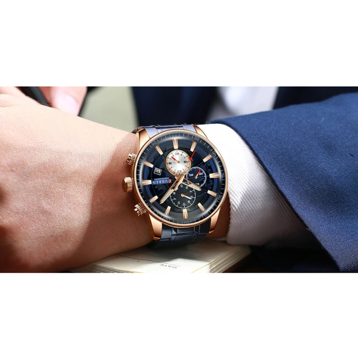 Curren Montre de luxe en acier - Mouvement analogique à quartz en acier inoxydable pour homme - Bleu