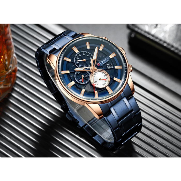 Curren Montre de luxe en acier - Mouvement analogique à quartz en acier inoxydable pour homme - Bleu
