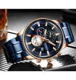 Curren Montre de luxe en acier - Mouvement analogique à quartz en acier inoxydable pour homme - Bleu