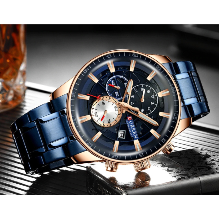 Curren Montre de luxe en acier - Mouvement analogique à quartz en acier inoxydable pour homme - Bleu
