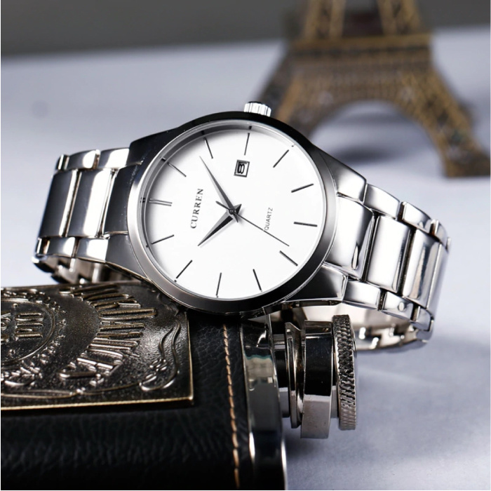 Curren Reloj de lujo de cuarzo - Movimiento anólogo de correa de cuero para hombre - Acero inoxidable - Plata