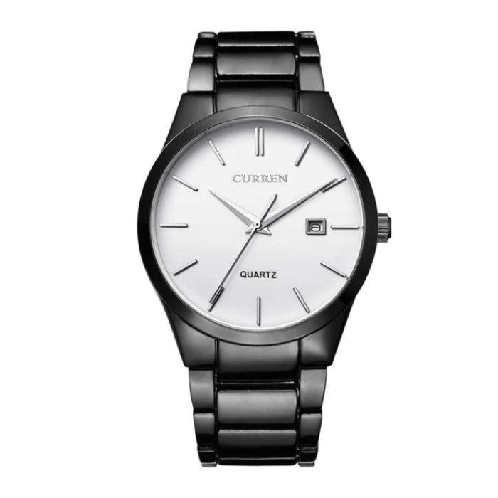Luksusowy zegarek kwarcowy - skórzany pasek z mechanizmem Anologue dla mężczyzn - stal nierdzewna - czarno-biały