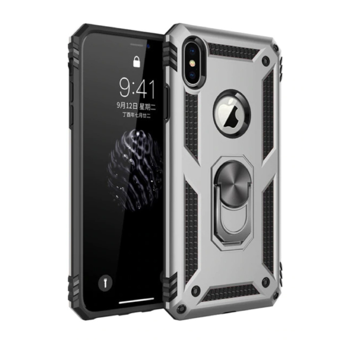 R-JUST iPhone XR Hoesje  - Shockproof Case Cover Cas TPU Grijs + Kickstand