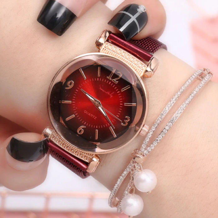 Pearl Luxury Watch Ladies - Anologue Quartz Movement for Women Red