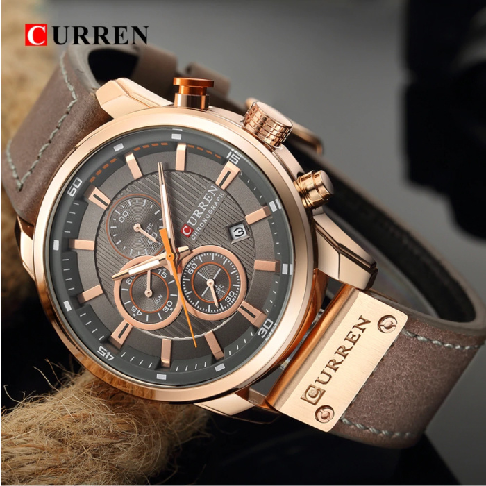 Men s Watch with Leather Strap Anologue Luxury Quartz Movement for Men Stainless Steel Gray Brown