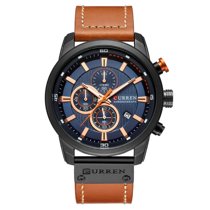 Męski zegarek ze skórzanym paskiem - luksusowy mechanizm kwarcowy anologa dla mężczyzn - stal nierdzewna - pomarańczowo-czarny