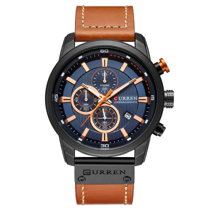 Reloj para hombre con correa de cuero - Movimiento de cuarzo de lujo anólogo para hombre - Acero inoxidable - Naranja-Negro