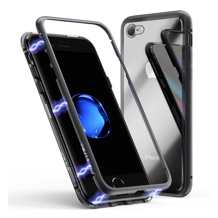 Custodia magnetica a 360 ° per iPhone SE (2020) con vetro temperato - Custodia integrale + protezione schermo nera