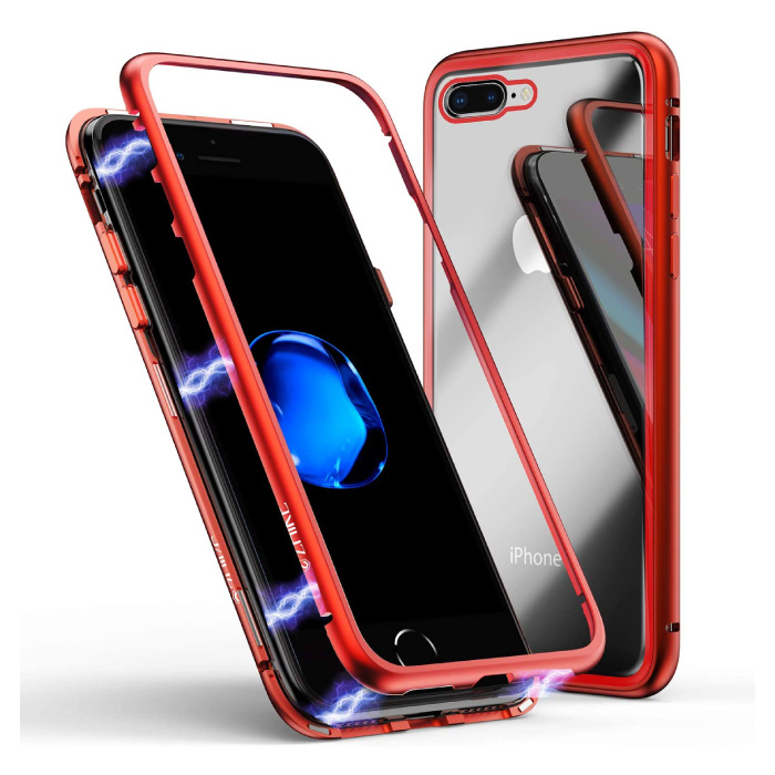 Custodia magnetica a 360 ° per iPhone SE (2020) con vetro temperato - Custodia integrale + protezione schermo rossa