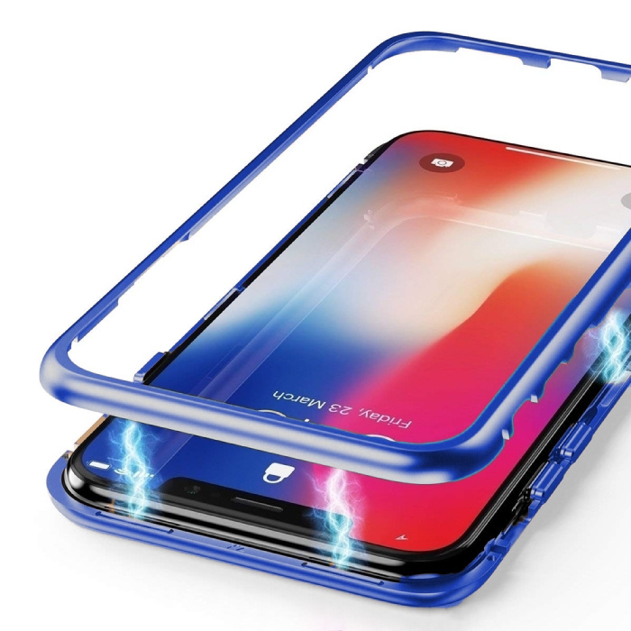 Custodia magnetica a 360 ° per iPhone SE (2020) con vetro temperato - Custodia integrale + protezione schermo blu