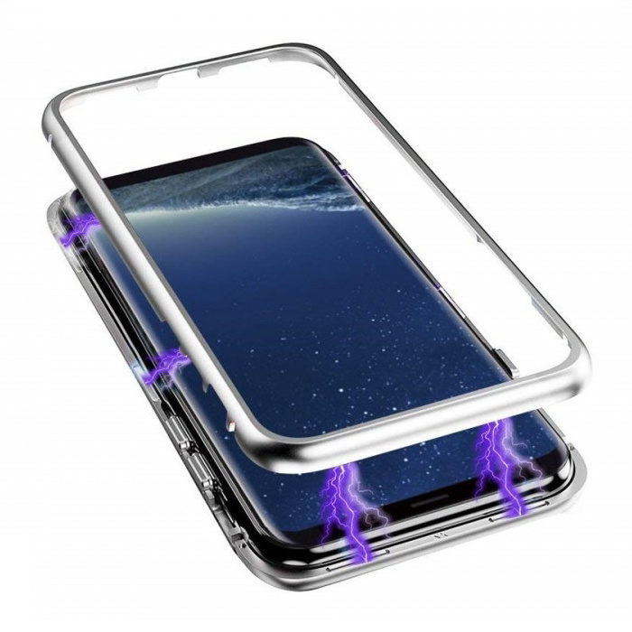 Funda Magnética 360 ° con Cristal Templado para Samsung Galaxy A8 Plus - Funda de Cuerpo Entero + Protector de Pantalla Plateado