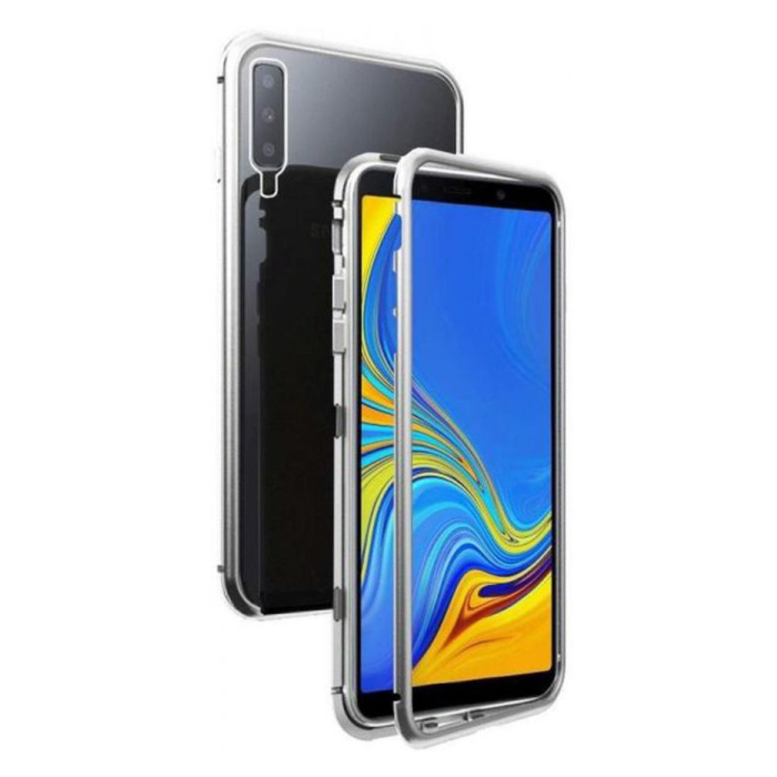 Samsung Galaxy A70 Magnetic 360 ° Case with Tempered Glass - Full Body Cover Case + Screen Protector Silver