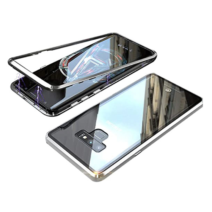 Custodia magnetica 360 ° per Samsung Galaxy Note 9 con vetro temperato - Custodia integrale + protezione schermo argento