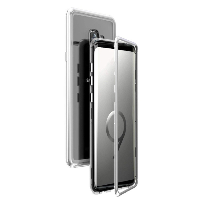 Custodia magnetica 360 ° per Samsung Galaxy S9 Plus con vetro temperato - Custodia integrale + protezione schermo argento