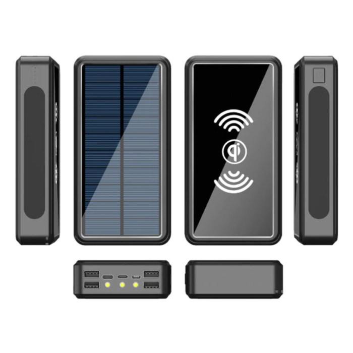 Banco de energía solar inalámbrico Qi con 4 puertos 80.000mAh - Linterna incorporada - Cargador de batería de emergencia externo Cargador Sun Black