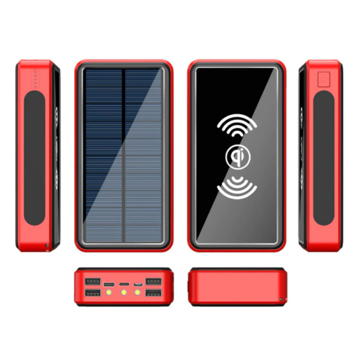 Qi Wireless Solar Power Bank con 4 puertos 80.000mAh - Linterna incorporada - Cargador de batería de emergencia externo Cargador Sun Red