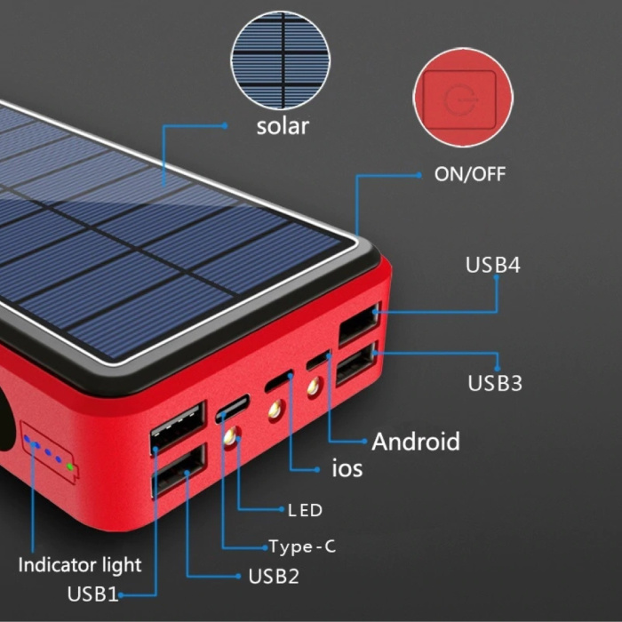 Banco de Energía Solar Inalámbrico Qi con 4 Puertos 80.000mAh - Linterna  Incorporada - Batería Externa de Emergencia Cargador de Baterías Cargador  Sol