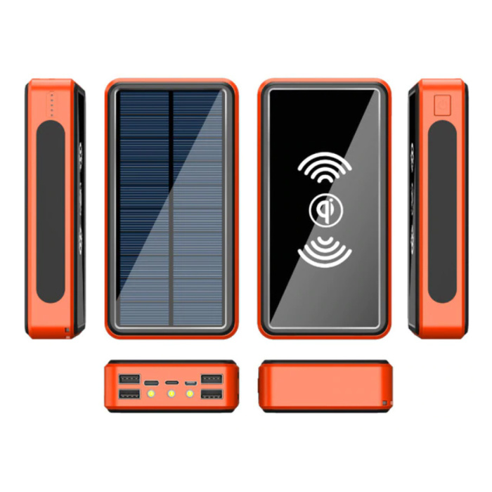 Stuff Certified® Banque d'énergie solaire sans fil Qi avec 4 ports 80,000mAh - Lampe de poche intégrée - Chargeur de batterie externe de secours orange