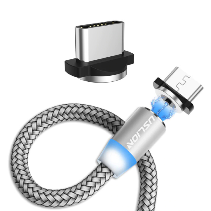 USB-C Magnetic Charging Cable 2 Meters Type C - Braided Nylon Charger Data Cable Android Silver