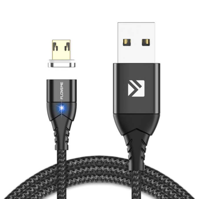 Cable de carga magnético micro-USB de 2 metros - Cable de datos de cargador de nylon trenzado Android Negro