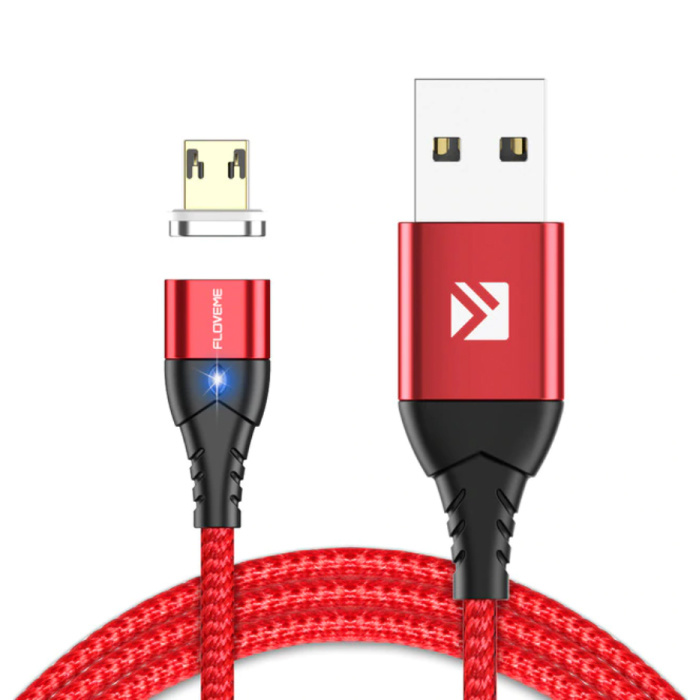 Cable de carga magnético micro-USB de 2 metros - Cable de datos de cargador de nylon trenzado Android Rojo