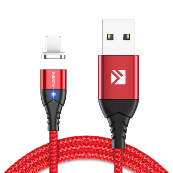 Cable de carga magnético Lightning para iPhone de 2 metros - Cable de datos de carga de nylon trenzado Android Rojo