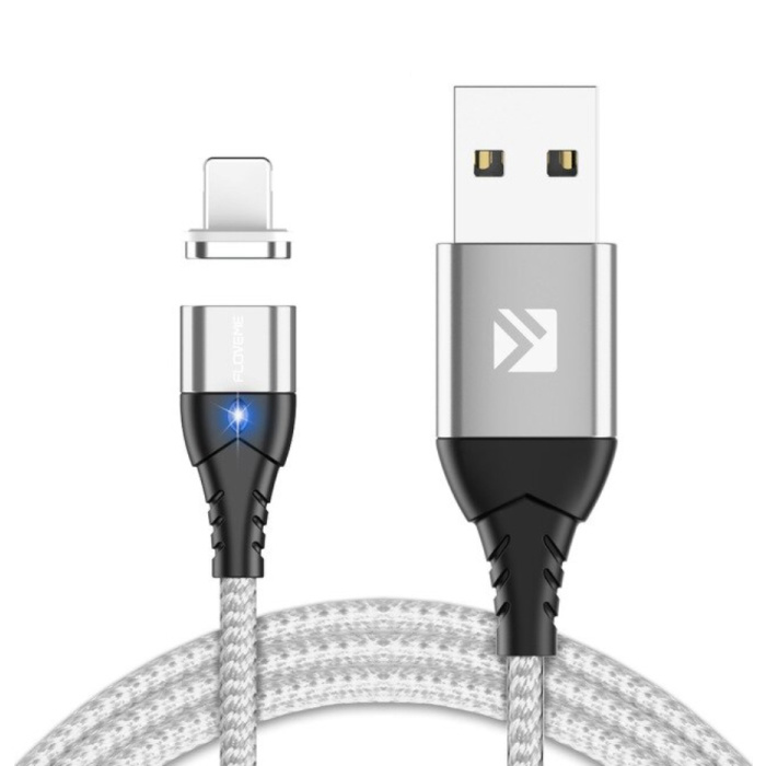 Cable de carga magnético Lightning para iPhone de 2 metros - Cable de datos de cargador de nailon trenzado Android Silver