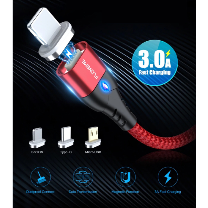 FLOVEME Magnetyczny kabel ładujący iPhone Lightning 2 metry - pleciony nylonowy kabel do ładowania danych Android Srebrny