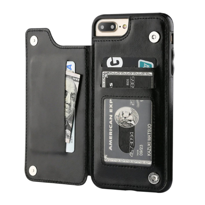 Retro iPhone X Leather Flip Case Wallet - Wallet Cover Cas Case Black