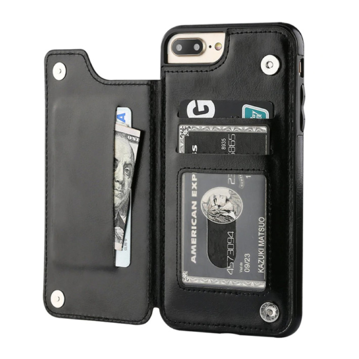 Retro iPhone XS Leather Flip Case Wallet - Wallet Cover Cas Case Black