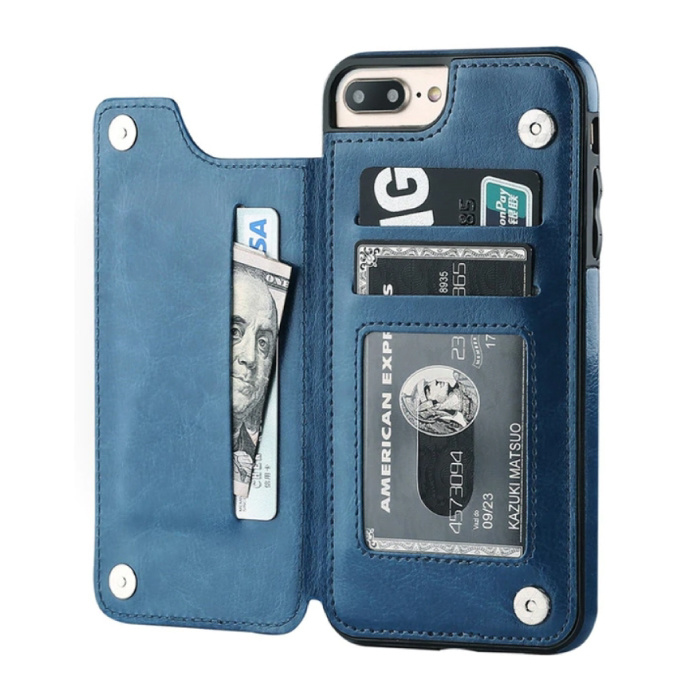 Retro iPhone XS Max Leather Flip Case Wallet - Wallet Cover Cas Case Blue