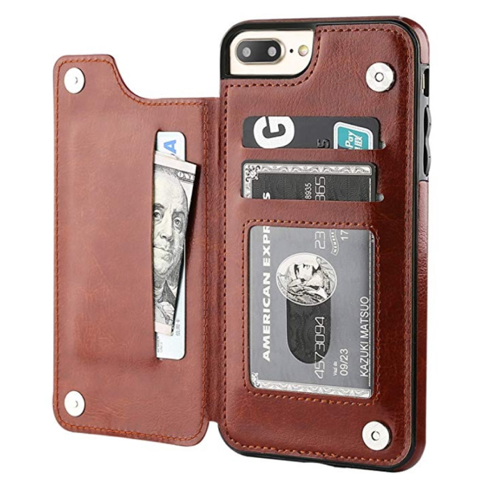 Retro iPhone XS Leather Flip Case Wallet - Wallet Cover Cas Case Brown