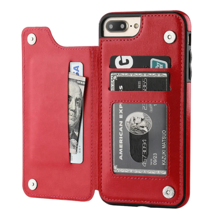 Retro iPhone XS Leather Flip Case Wallet - Wallet Cover Cas Case Red
