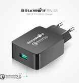 Blitzwolf Fast Charge 18W USB Stekkerlader - Quick Charge 3.0 Muur Oplader Wallcharger AC Thuislader Adapter Wit