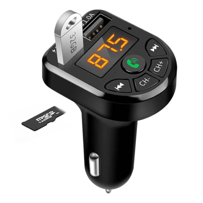 Chargeur de voiture double USB avec émetteur Bluetooth - Kit de radio FM de chargeur mains libres avec fente pour carte SD Noir