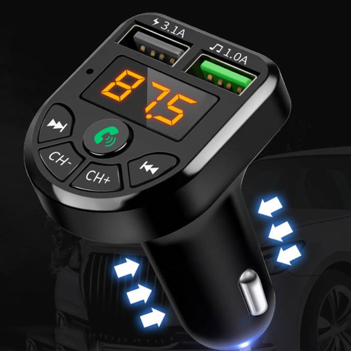 JINSERTA Cargador de coche USB dual con transmisor Bluetooth - Cargador de manos libres Kit de radio FM con ranura para tarjeta SD Negro