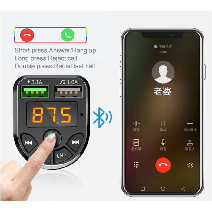 JINSERTA Cargador de coche USB dual con transmisor Bluetooth - Cargador de manos libres Kit de radio FM con ranura para tarjeta SD Negro