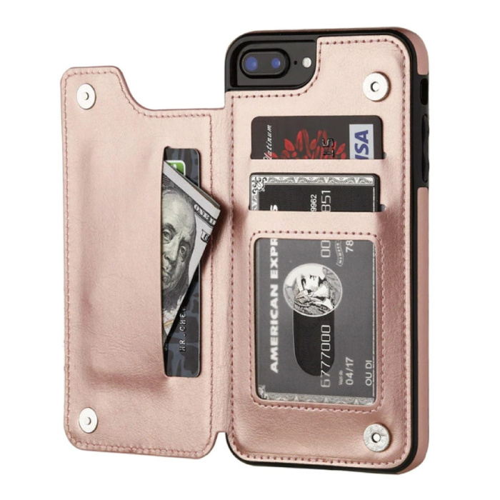 Retro iPhone XS Leather Flip Case Wallet - Wallet Cover Cas Case Rose Gold