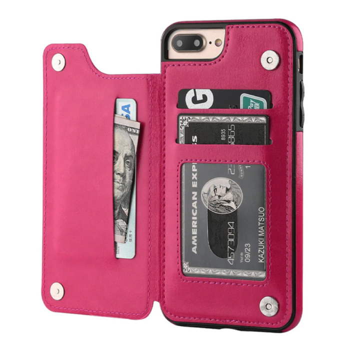 Retro iPhone XS Max Leather Flip Case Wallet - Wallet Cover Cas Case Pink