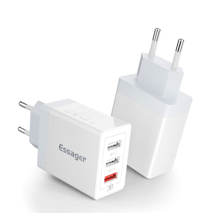 Cargador de enchufe USB triple de 3 puertos 30W - Carga rápida 3.0 Cargador de pared Cargador de pared Adaptador de cargador doméstico de CA Blanco