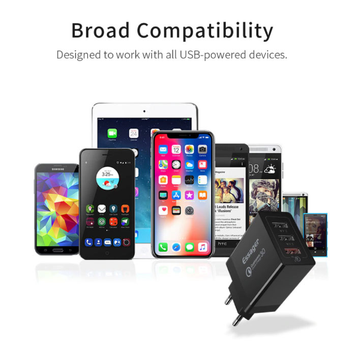 Essager 3x Port Triple USB Plug Charger - Chargeur mural Quick Charge 3.0 Chargeur mural Adaptateur de chargeur secteur AC Blanc