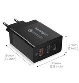 Essager 3x Port Triple USB Plug Charger 30W - Caricabatteria da muro 3.0 Quick Charge Caricabatteria da parete Adattatore per caricabatteria da casa CA Nero