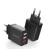 Essager 3x Port Triple USB Plug Charger 30W - Caricabatteria da muro 3.0 Quick Charge Caricabatteria da parete Adattatore per caricabatteria da casa CA Nero