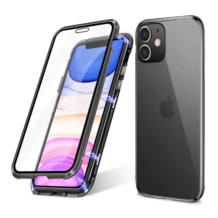 iPhone 12 Pro Max Magnetische 360 ° Hülle mit gehärtetem Glas - Ganzkörperhülle + Displayschutzfolie Schwarz