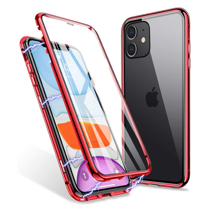 Custodia magnetica 360 ° per iPhone 12 Mini con vetro temperato - Custodia integrale + protezione schermo rossa
