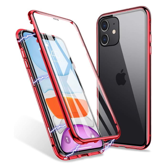 iPhone 12 Magnetisch 360° Hoesje met Tempered Glass - Full Body Cover Hoesje + Screenprotector Rood