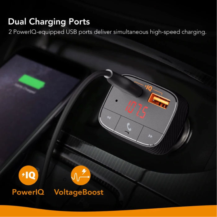 ANKER Chargeur Voiture Double Port SmartCharge F0 avec Émetteur Bluetooth - Chargeur Voiture 24W Carcharger - Noir