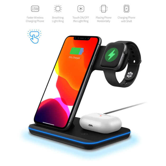 DCAE Stacja ładująca 3 w 1 do Apple iPhone / iWatch / AirPods - Stacja ładująca 15W Wireless Pad Czarna